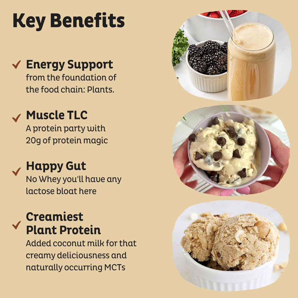 KOS vegan protein vanilla scoop beside powder for quick shakes
