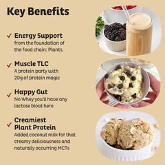 KOS vegan protein vanilla scoop beside powder for quick shakes