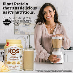 KOS vegan protein vanilla shaker ready for smoothies with keto-friendly protein boost
