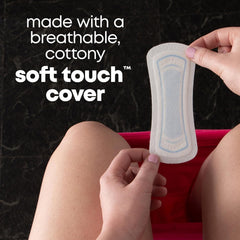 Kotex Lightdays Plus liner core close-up highlighting reliable absorbent core for spill protection.