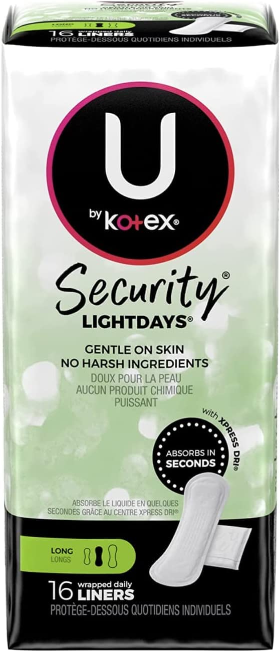 Kotex Natural Balance long liners box back shows contents and origin.