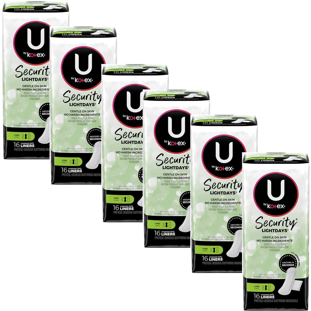 Kotex Natural Balance long absorbent liners box front for discreet protection.