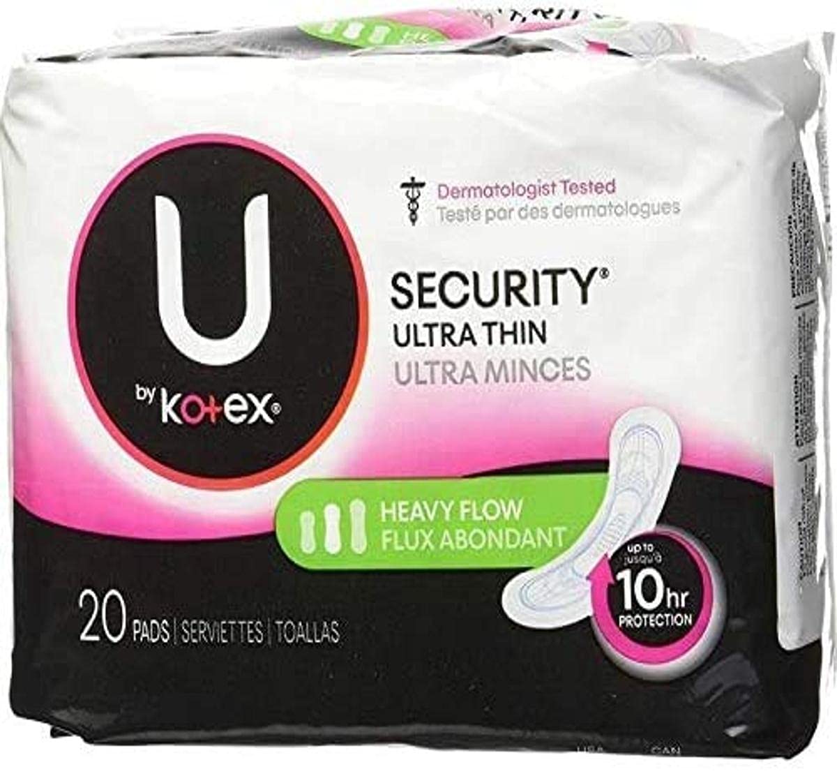 Kotex Security Ultra Thin Pads Long 20-count pack with long design for heavy flow and quick absorption.