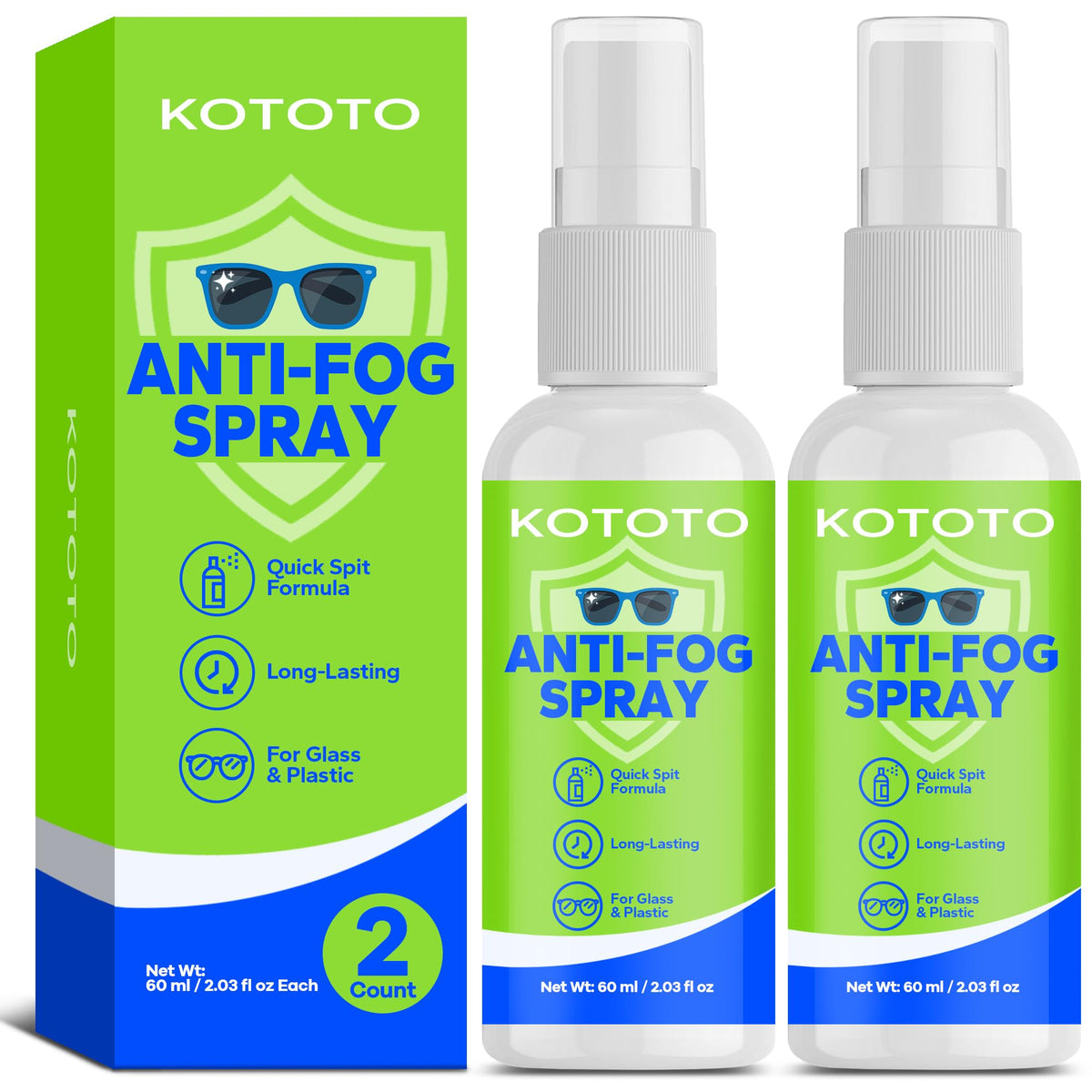 Kototo limpiador gafas, botella 60 ml, visión clara y uso diario.
