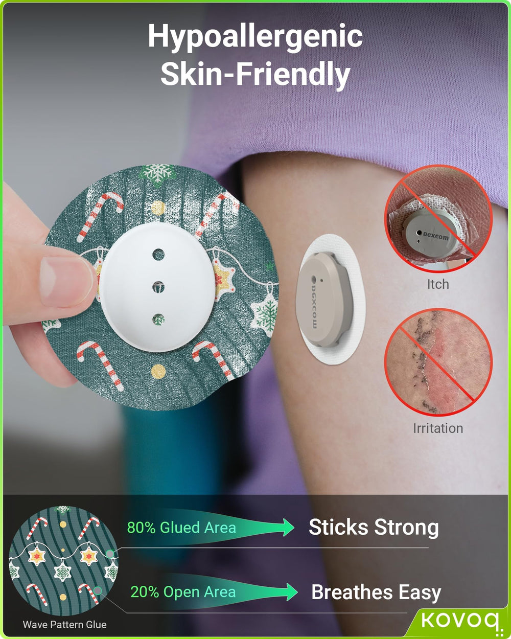 KOVOQ breathable, skin-friendly design minimizes irritation during extended CGM wear.