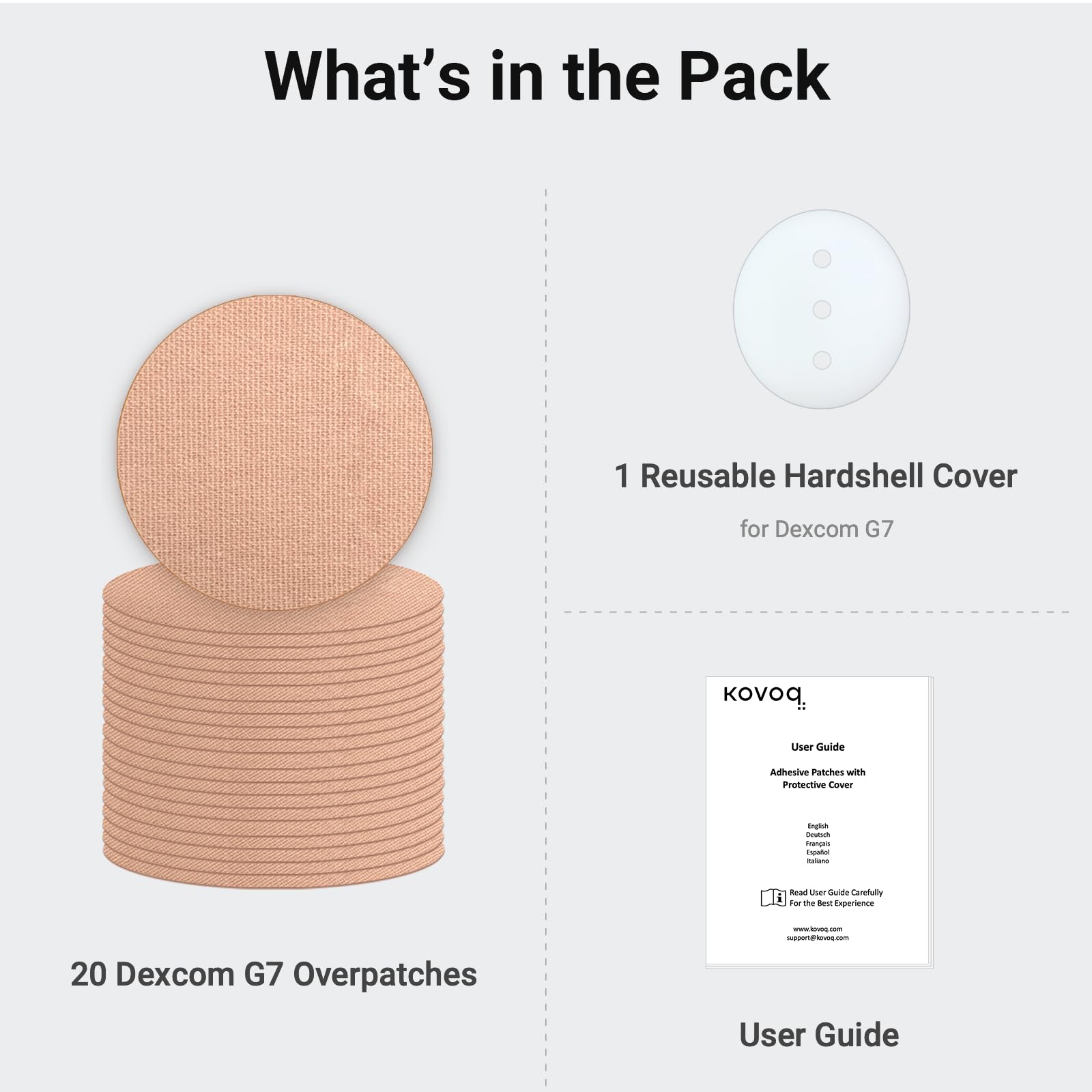 KOVOQ Dexcom G7 overpatch tan includes patch, hardshell cover, and guide
