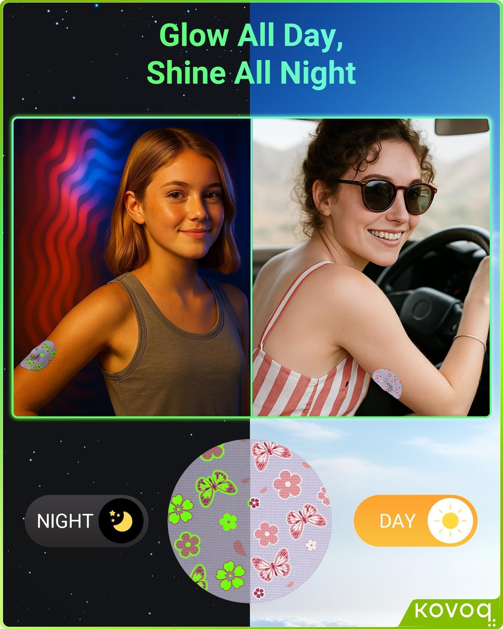KOVOQ GlowArmor butterfly patch design offers day and night clarity for Dexcom G7.