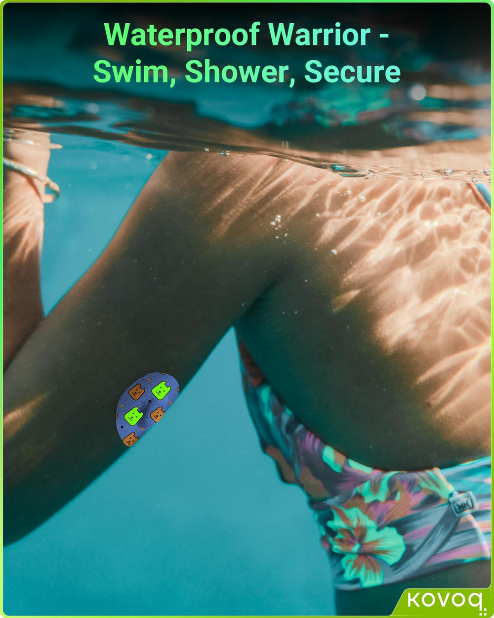 Waterproof adhesive on GlowArmor patches stays put during showers or swimming.