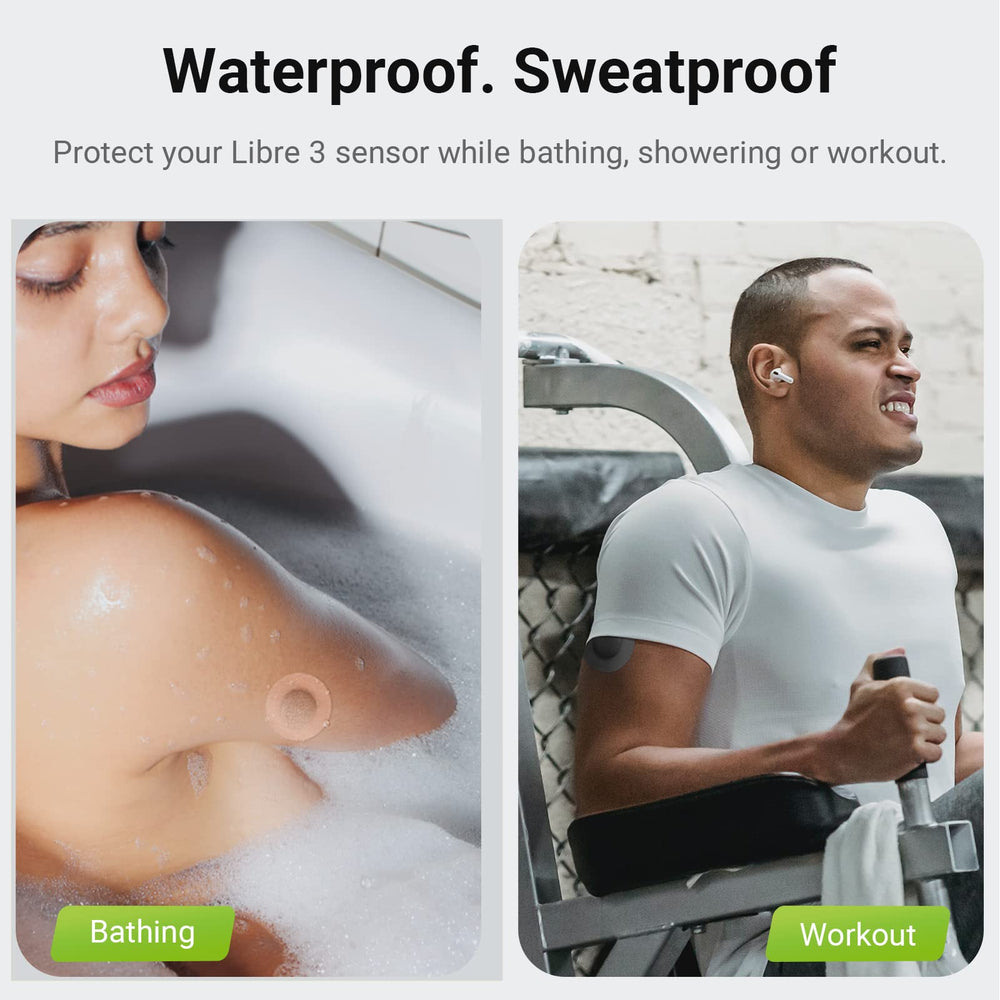 KOVOQ Libre 3 waterproof patches close-up, showing secure adhesion for workouts