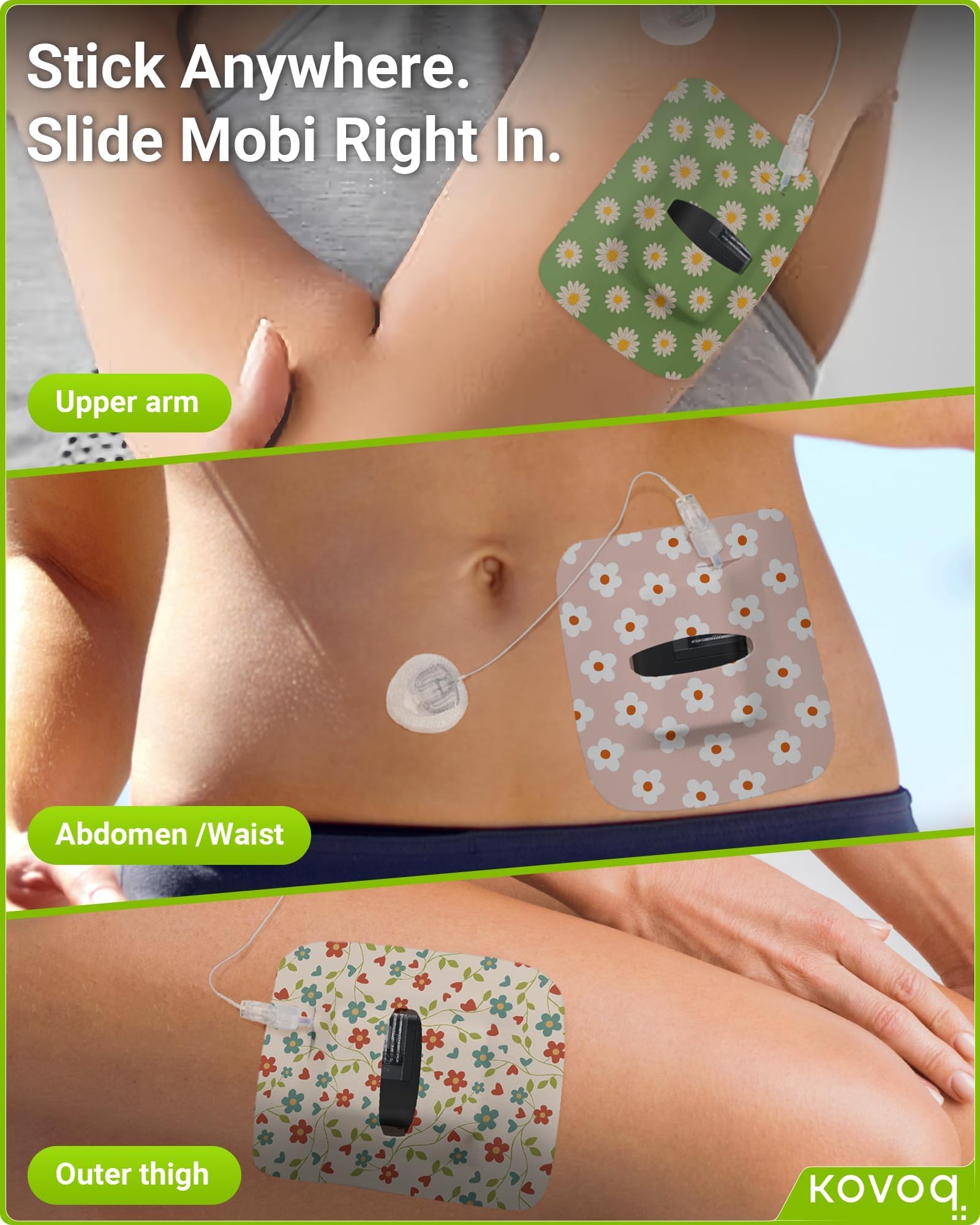 KOVOQ Tandem Mobi Adhesive Sleeve flower patch with 5-part backing for easy alignment.