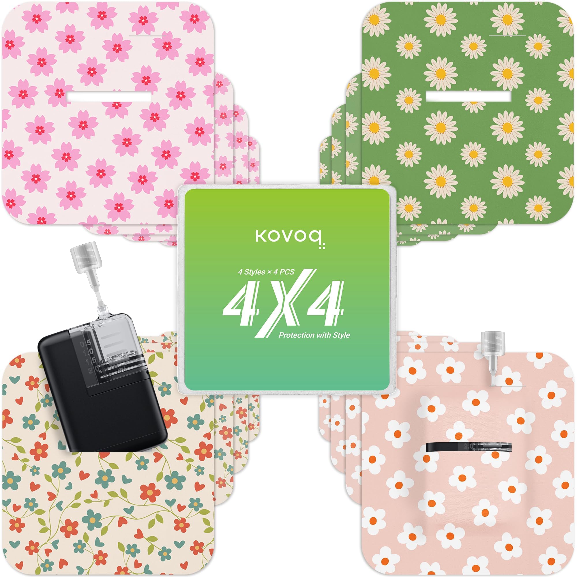KOVOQ Tandem Mobi Adhesive Sleeve flower close-up highlights skin-safe, breathable patch.