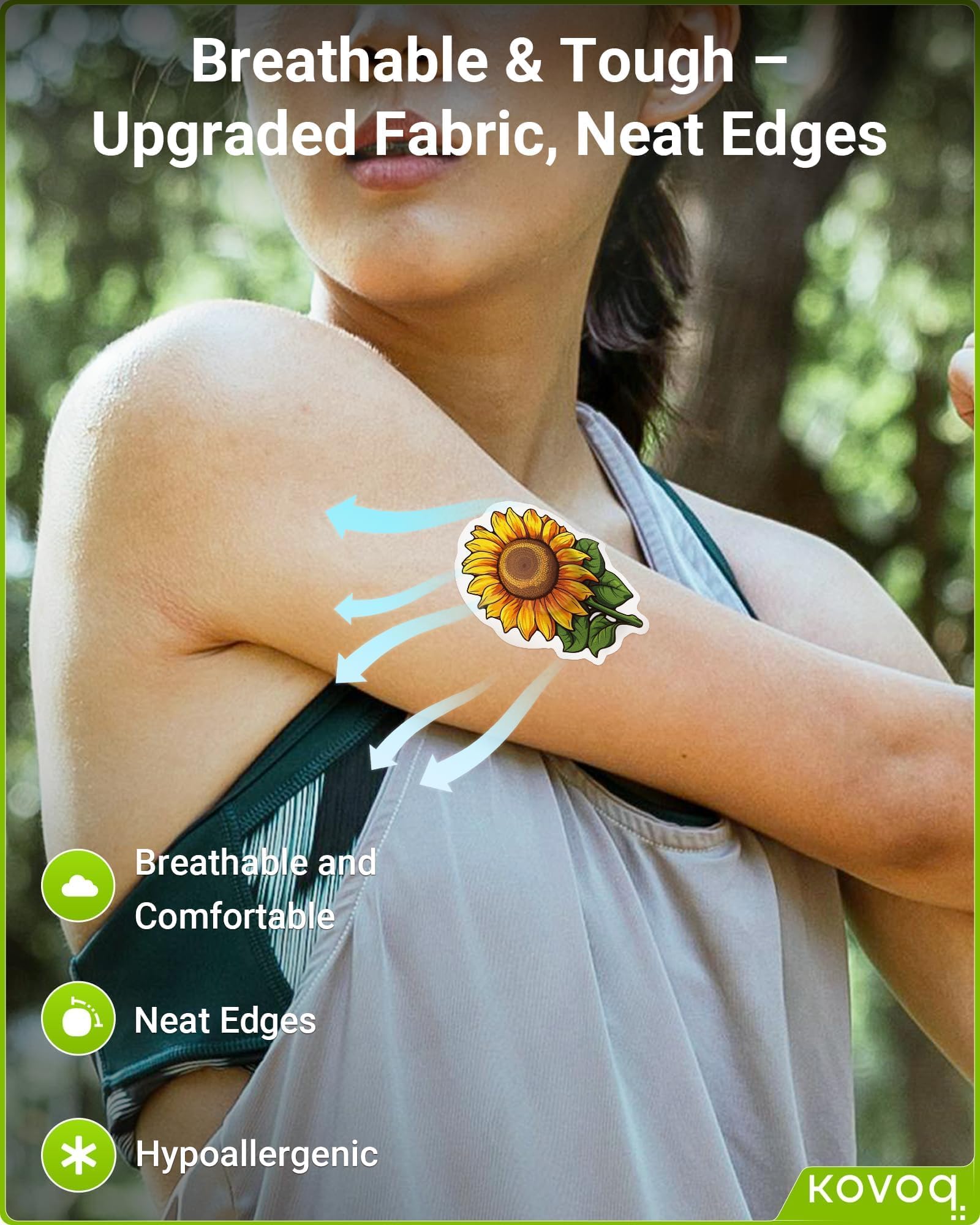 KOVOQ waterproof, hypoallergenic patch stays secure through sweat and swimming.