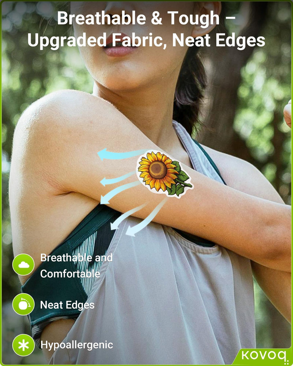 KOVOQ waterproof, hypoallergenic patch stays secure through sweat and swimming.
