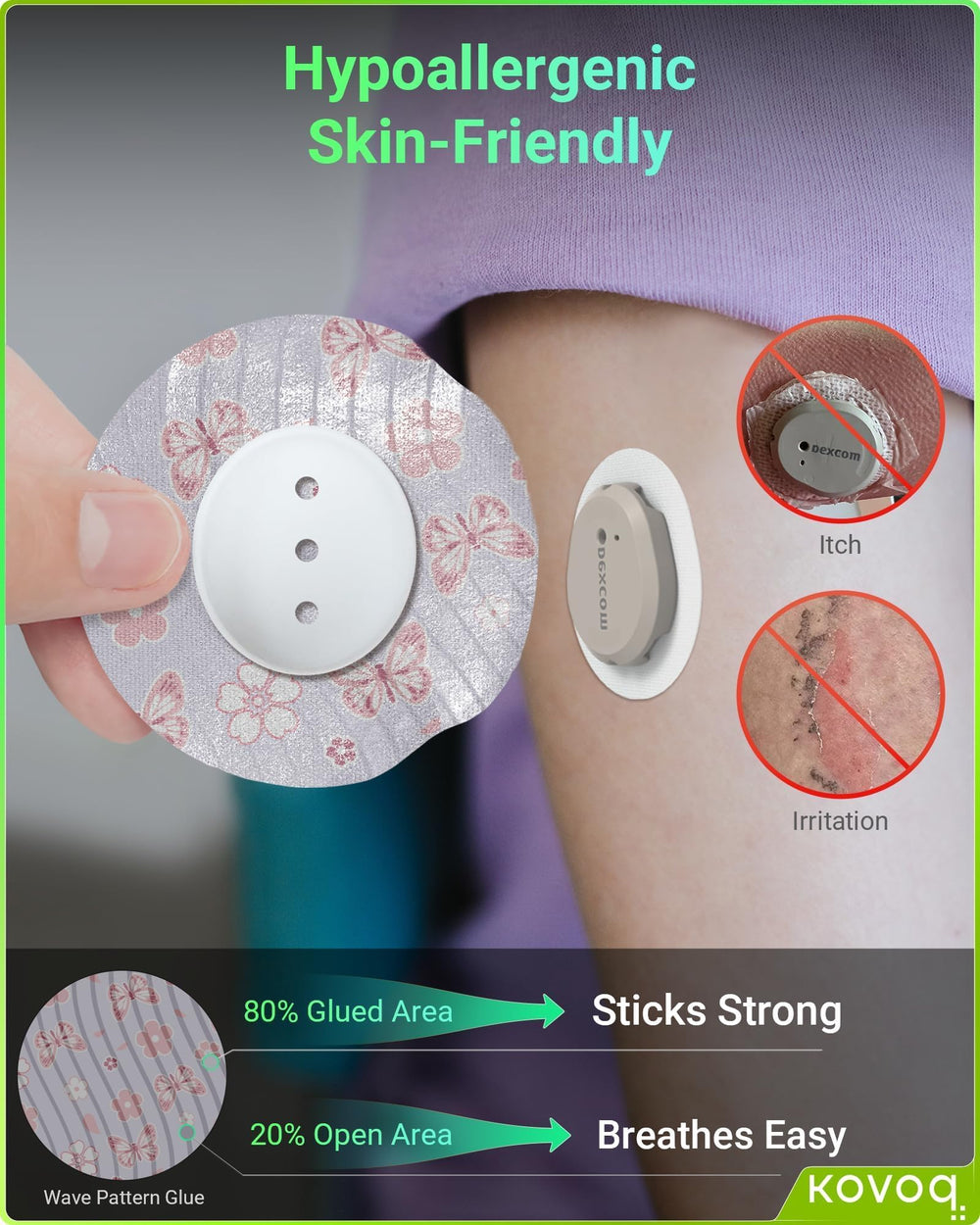 KOVOQ waterproof and sweatproof patches secure Dexcom G7 during activity.