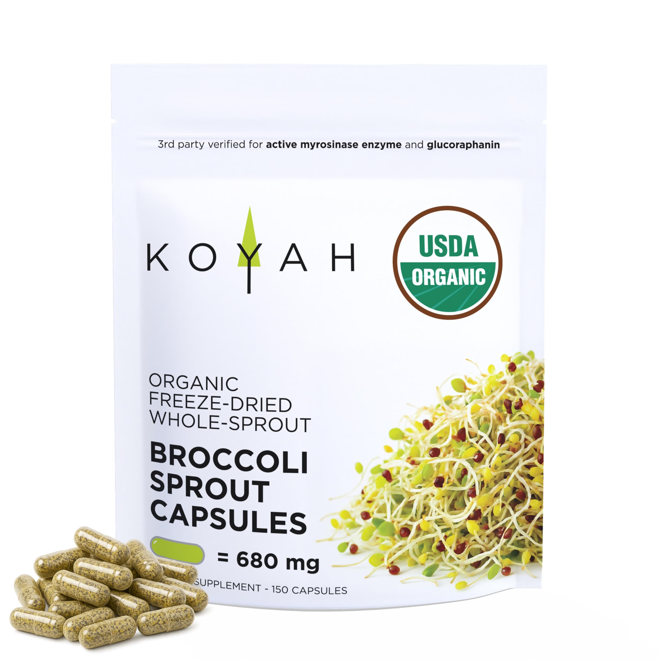 KOYAH broccoli sprout capsules bottle with freeze-dried sprouts for convenient daily use.