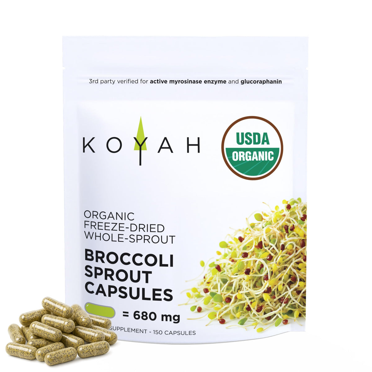 KOYAH broccoli sprout capsules bottle with freeze-dried sprouts for convenient daily use.