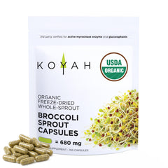 KOYAH broccoli sprout capsules bottle with freeze-dried sprouts for convenient daily use.