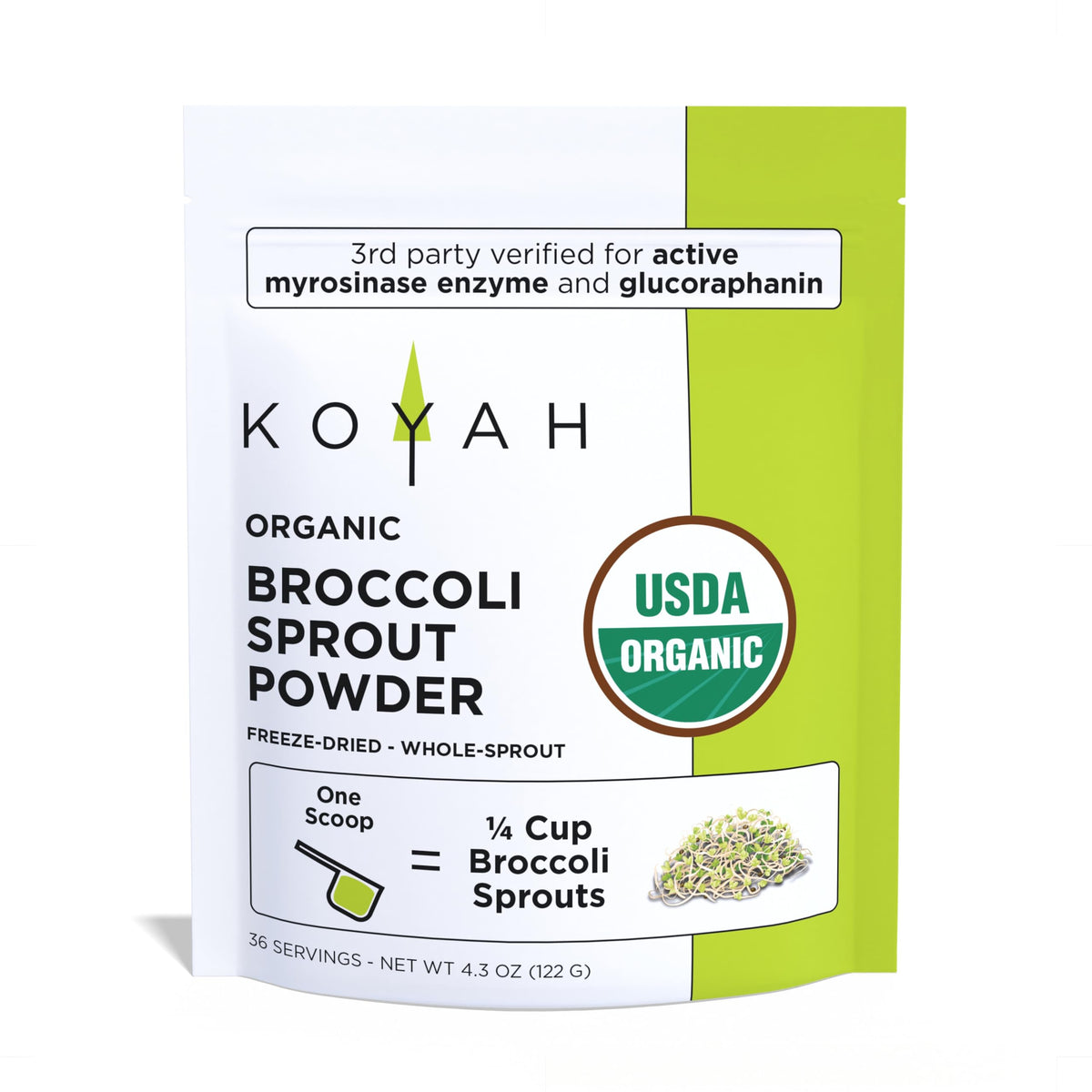 KOYAH broccoli sprout powder bottle showing freeze-dried formula for daily use.