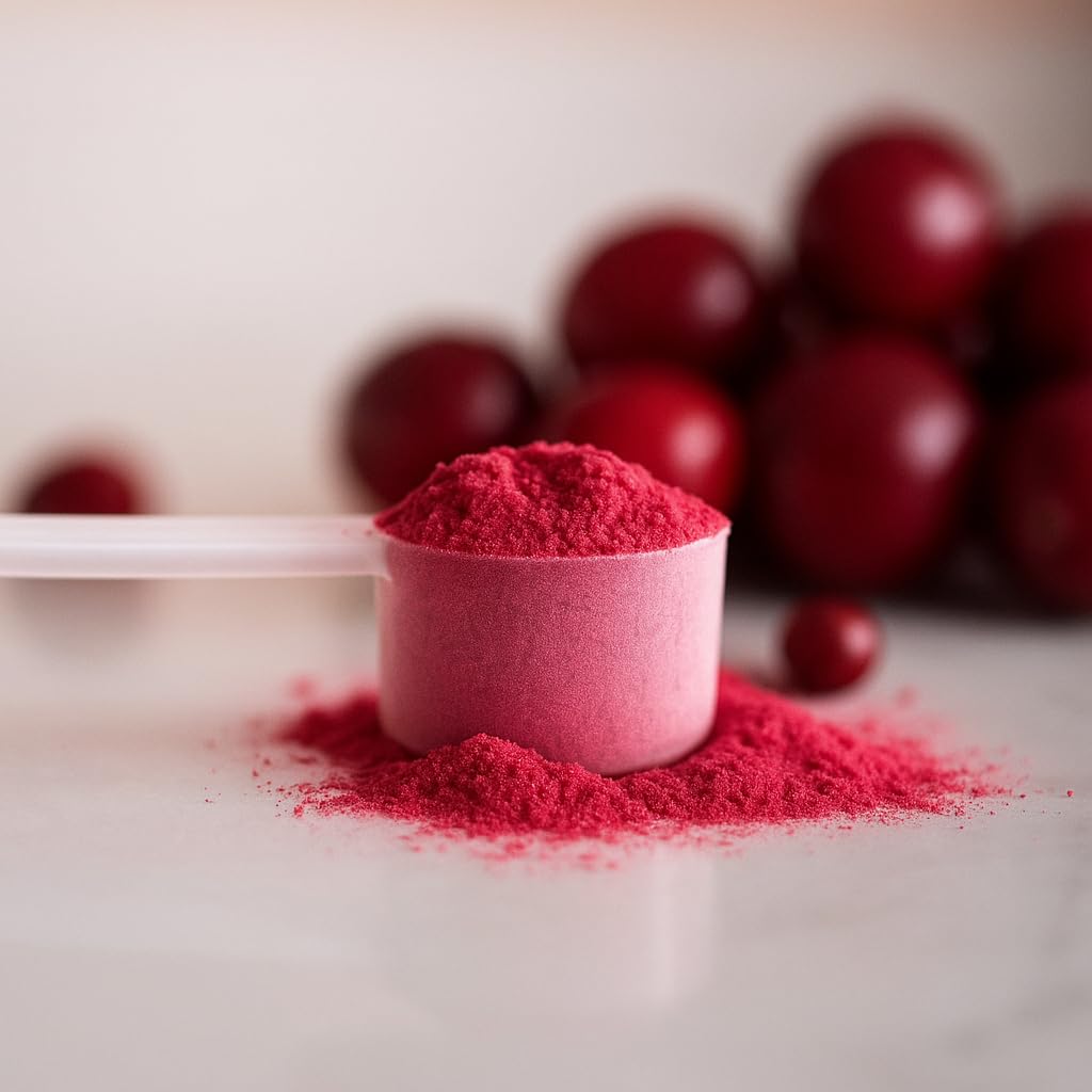 Vibrant pink-red KOYAH cranberry powder close-up, ready to mix into yogurts.