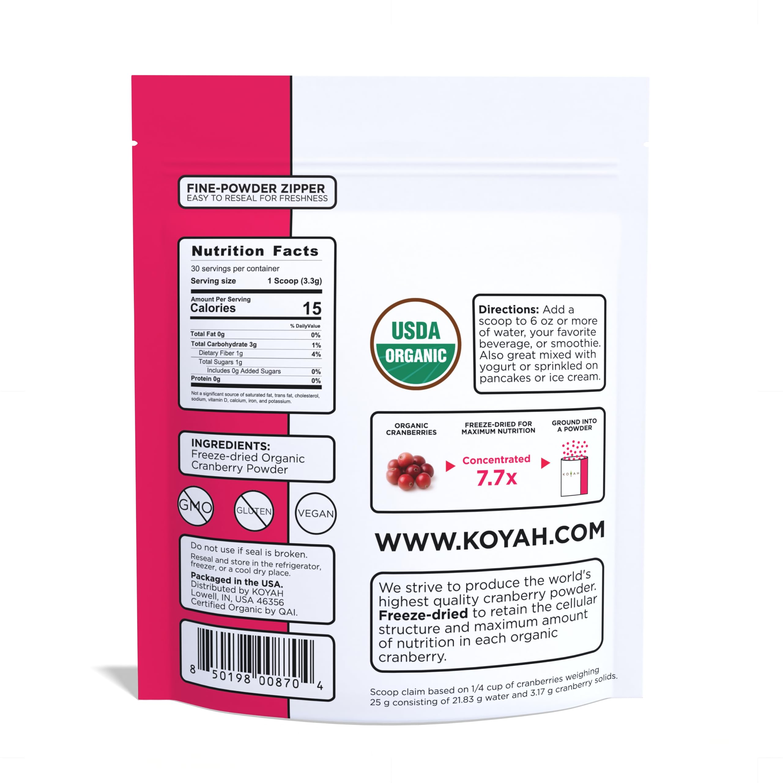 Koyah cranberry powder being poured from a glass, ideal for breakfast bowls.