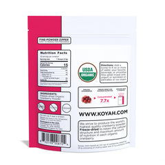 Koyah cranberry powder being poured from a glass, ideal for breakfast bowls.