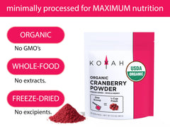 Koyah cranberry powder scoop showing easy daily portioning for servings.