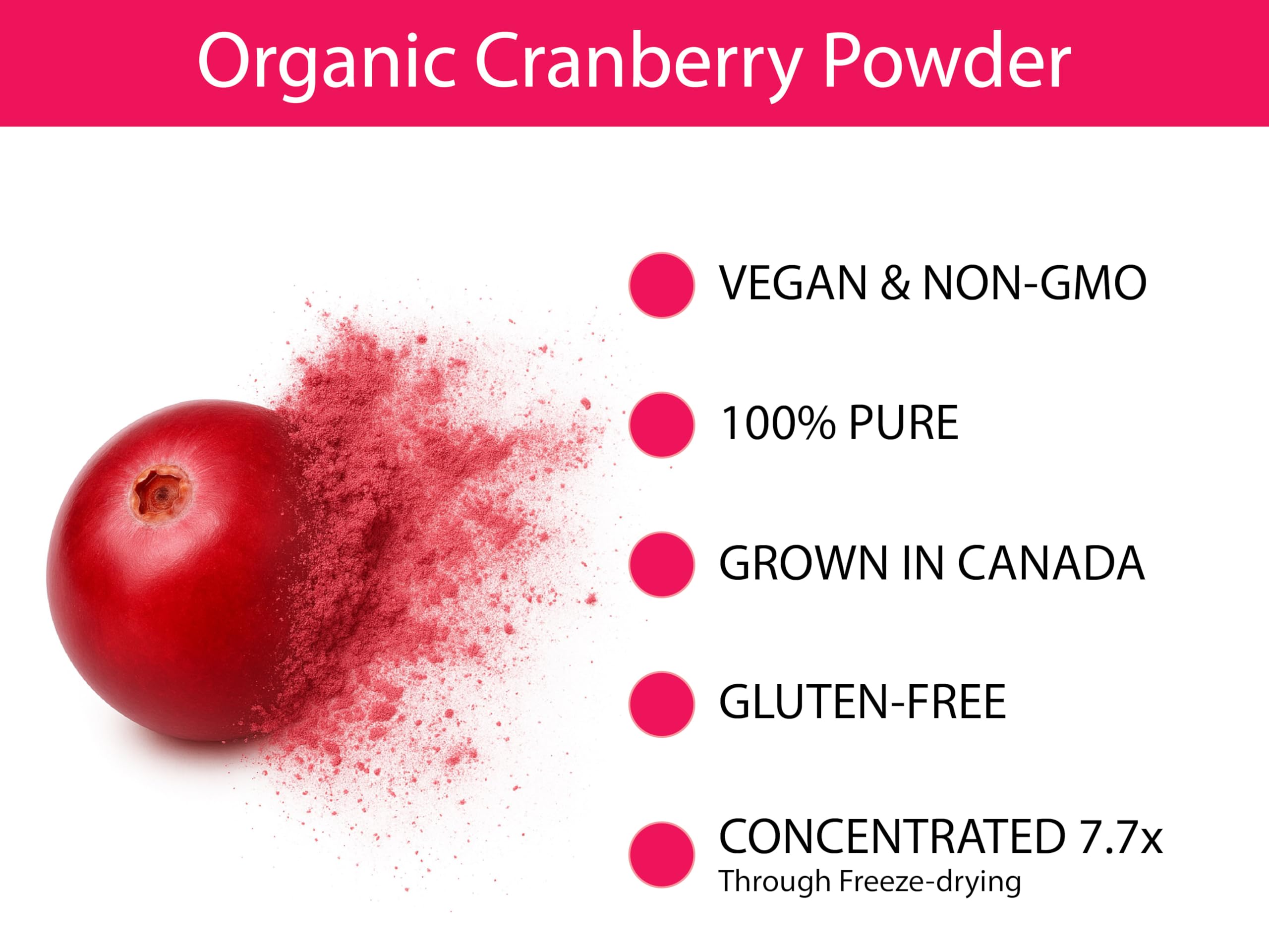 Close-up of Koyah cranberry powder texture, emphasizing freeze-dried freshness and color.