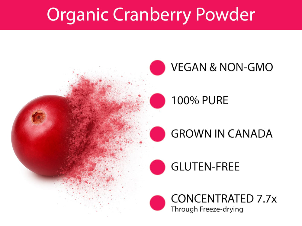 Close-up of Koyah cranberry powder texture, emphasizing freeze-dried freshness and color.