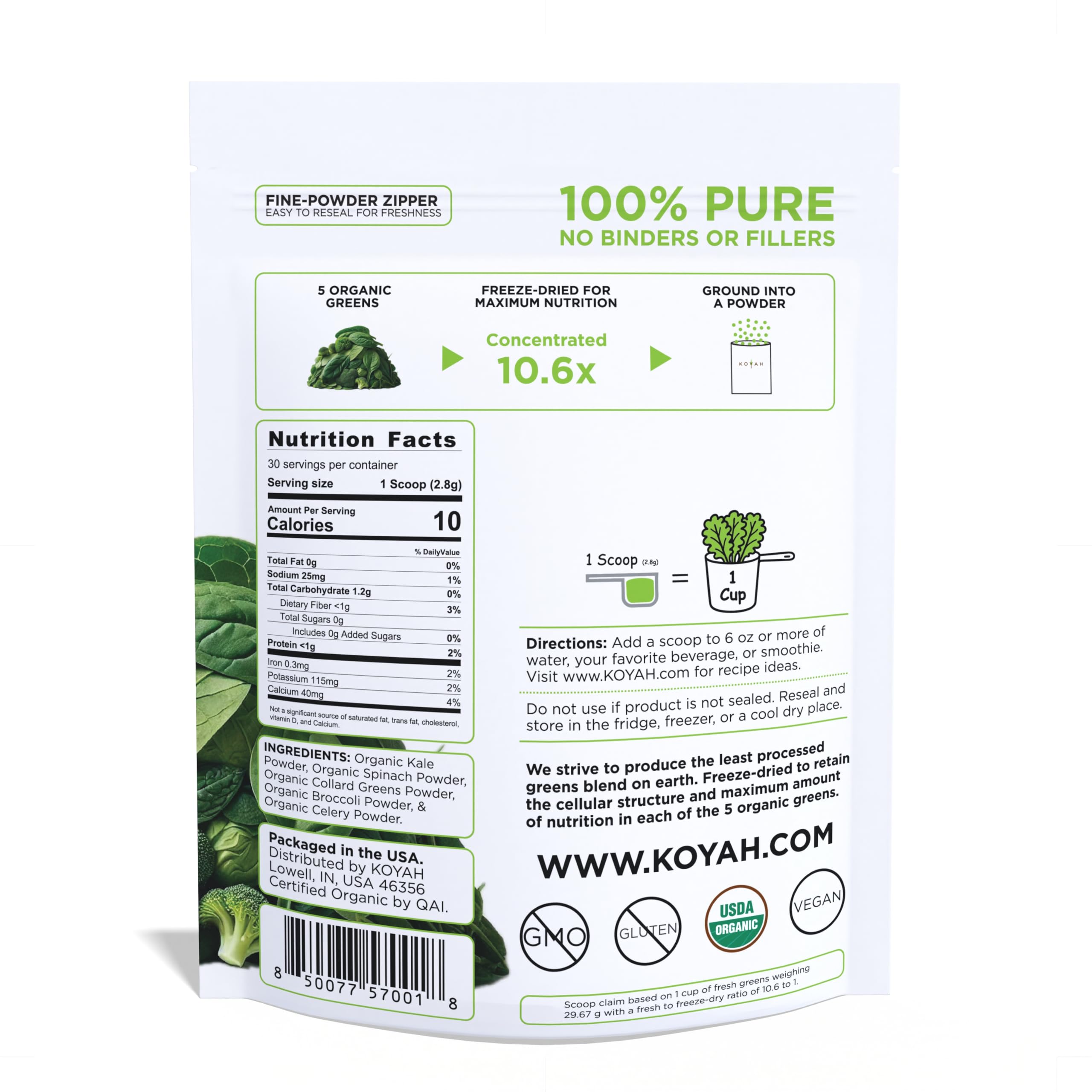 Close-up of KOYAH freeze-dried greens powder texture.