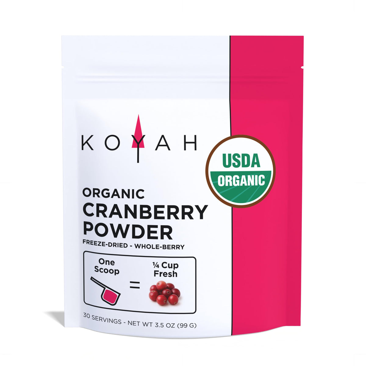 Koyah organic cranberry powder in a jar, highlighting premium quality for smoothies.