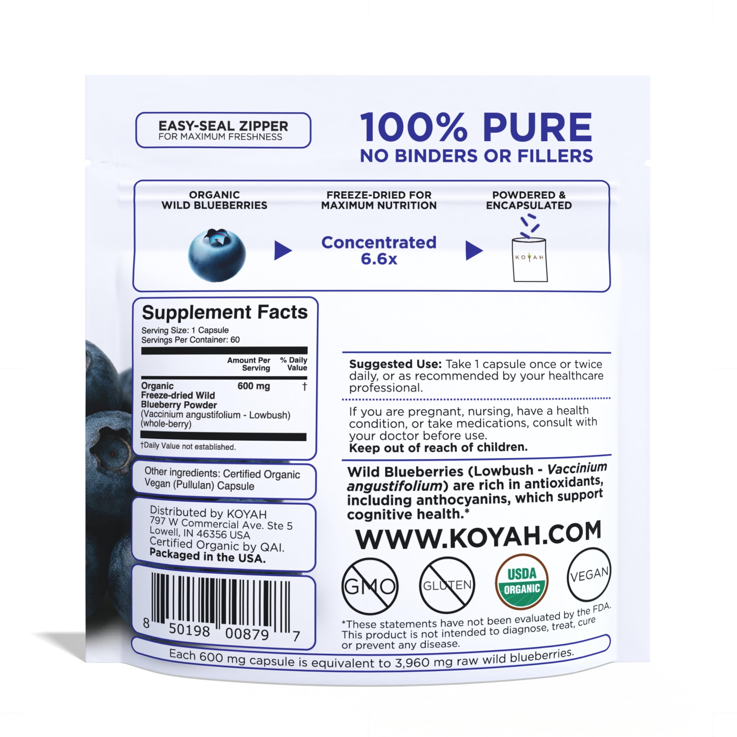 KOYAH Organic Wild Blueberry Powder close-up showing freeze-dried texture