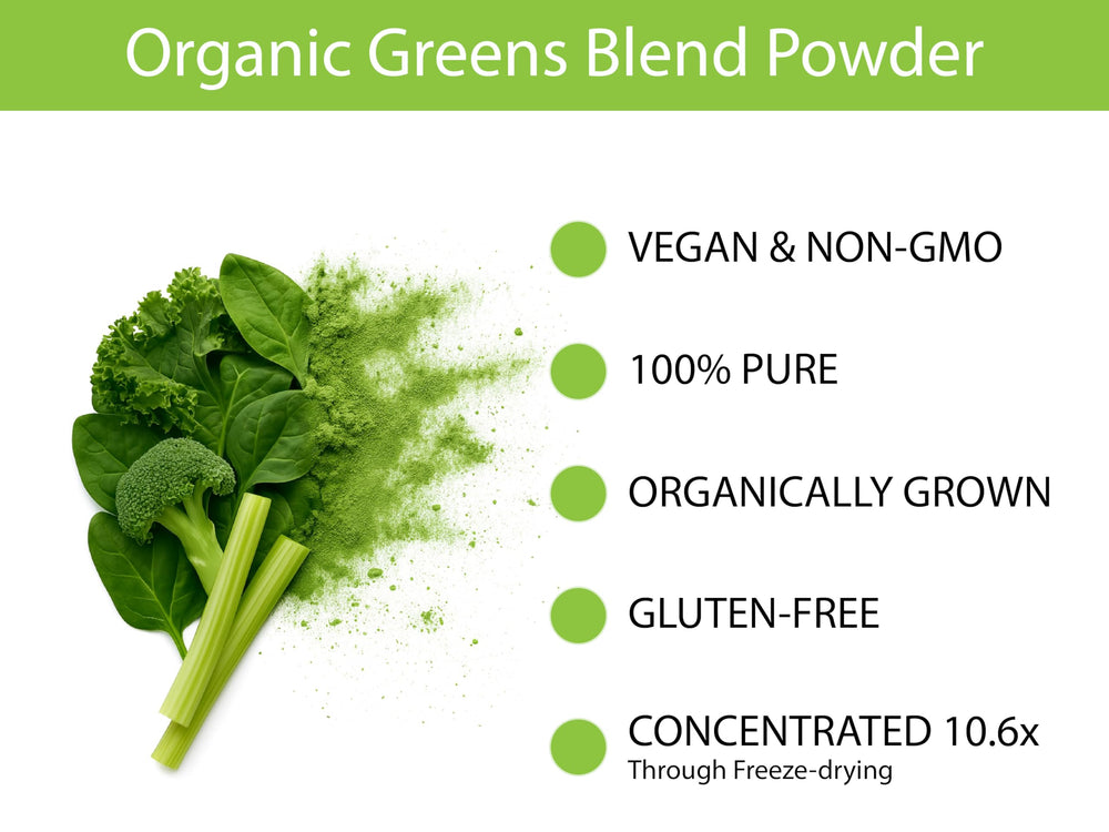 Scoop beside KOYAH greens blend showing easy serving size.
