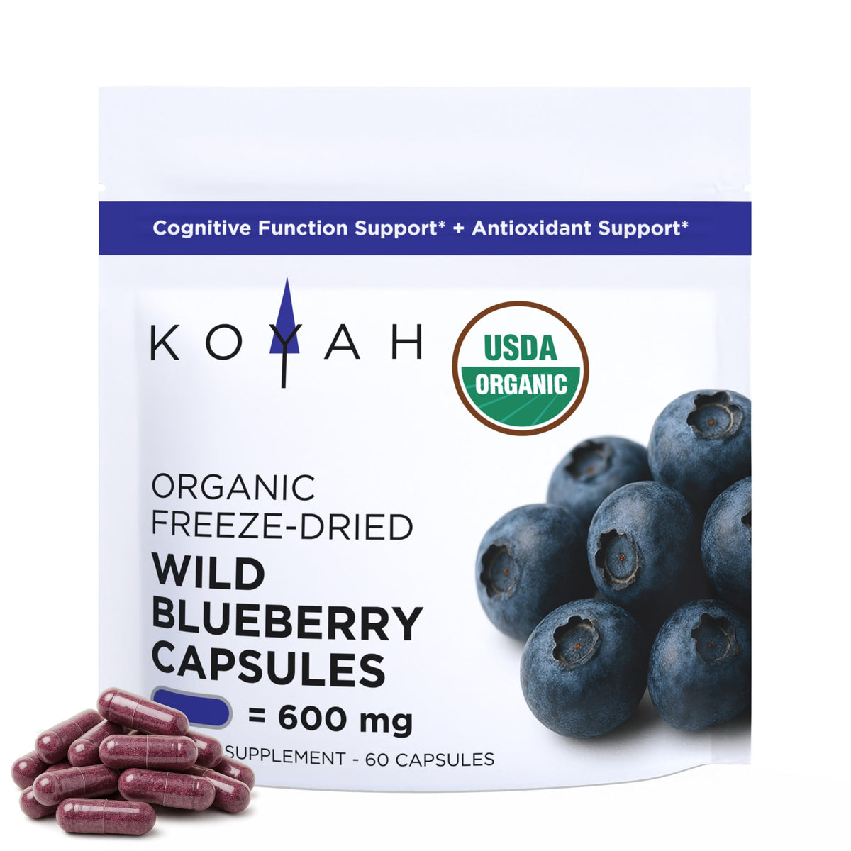KOYAH Wild Blueberry Capsules bottle close-up with antioxidant support