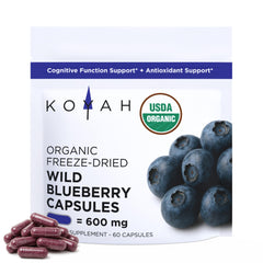 KOYAH Wild Blueberry Capsules bottle close-up with antioxidant support