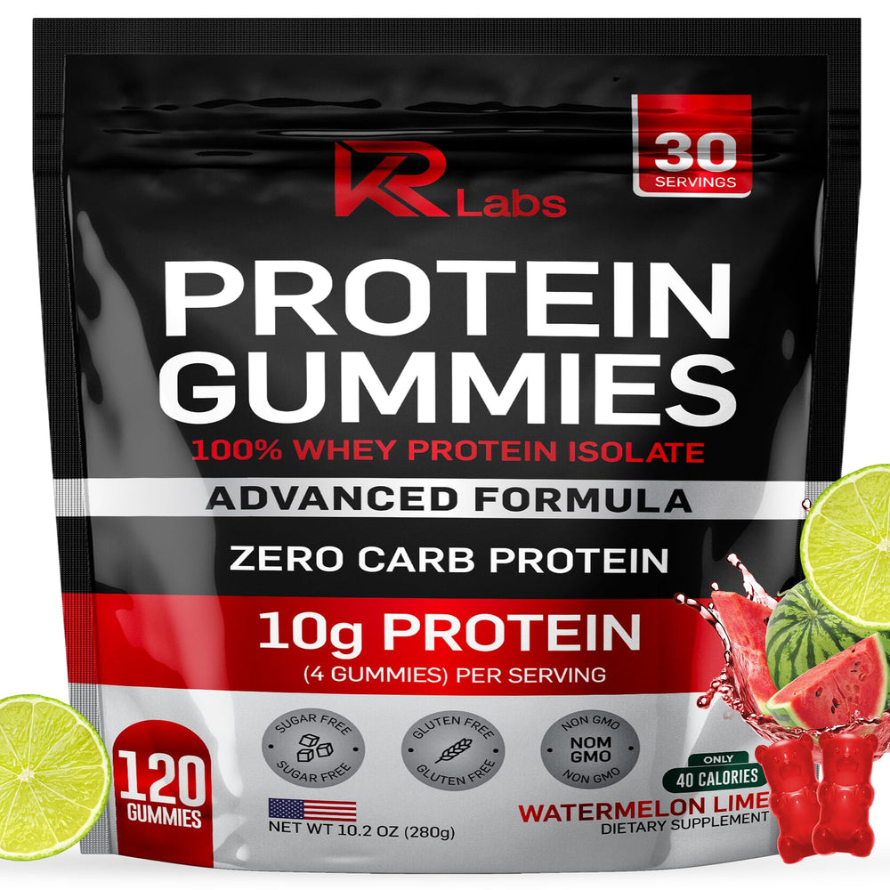 KR Labs Zero-Carb Watermelon Lime gummies in bag for sugar-free protein boost