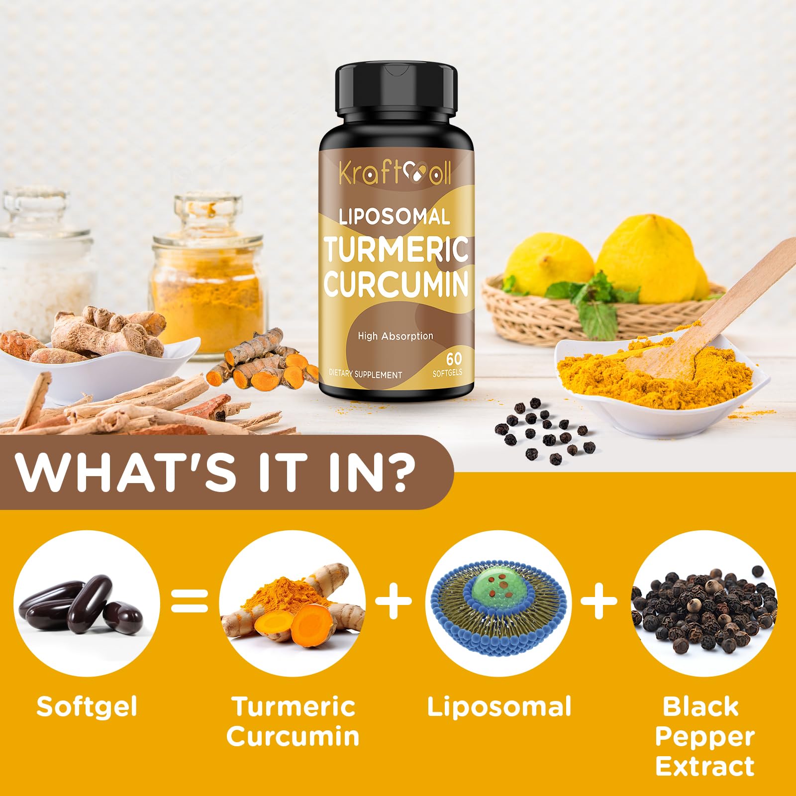 Kraftvoll black pepper extract bottle emphasizing enhanced curcumin absorption
