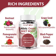 Kraftvoll Nitric Oxide Beet Root Gummies berry flavor close-up, suggesting tasty, sugar-free snacking.