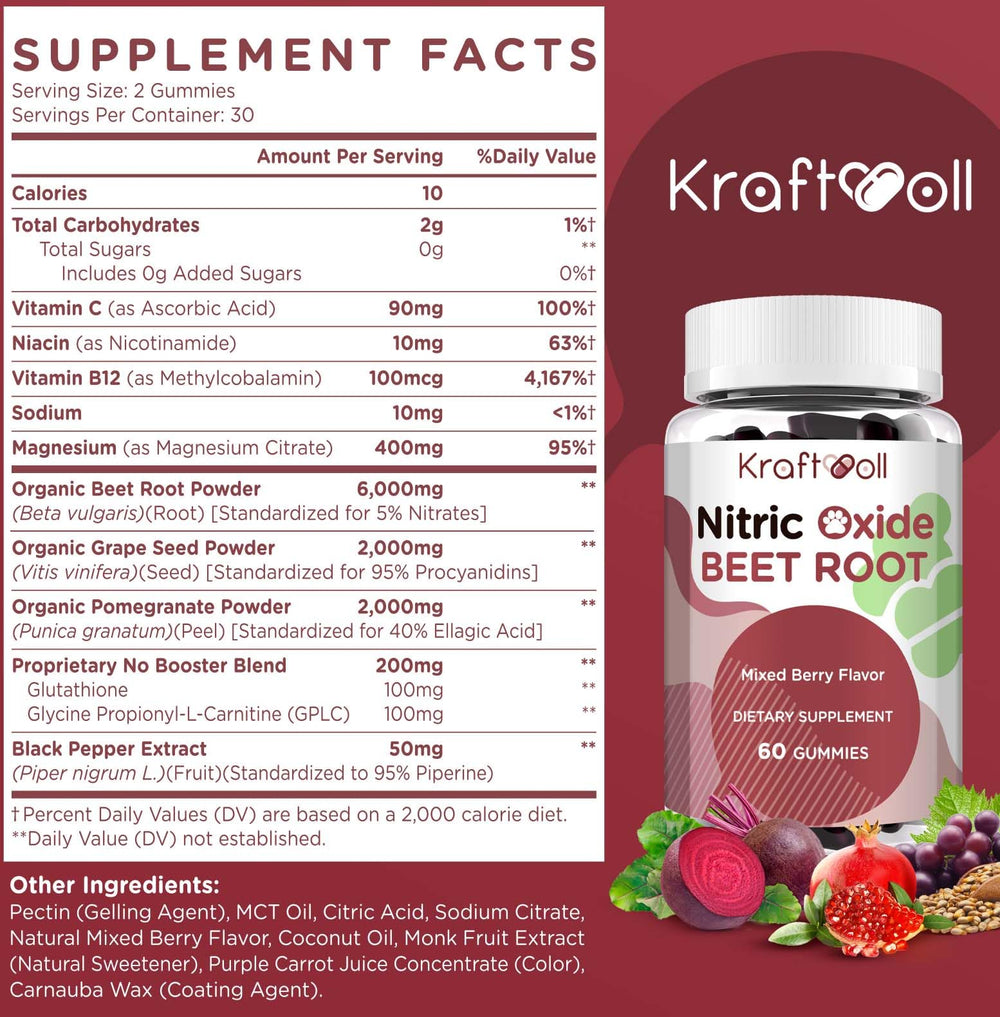 Kraftvoll gummies close-up on beetroot and grape seed ingredients for convenient daily boost