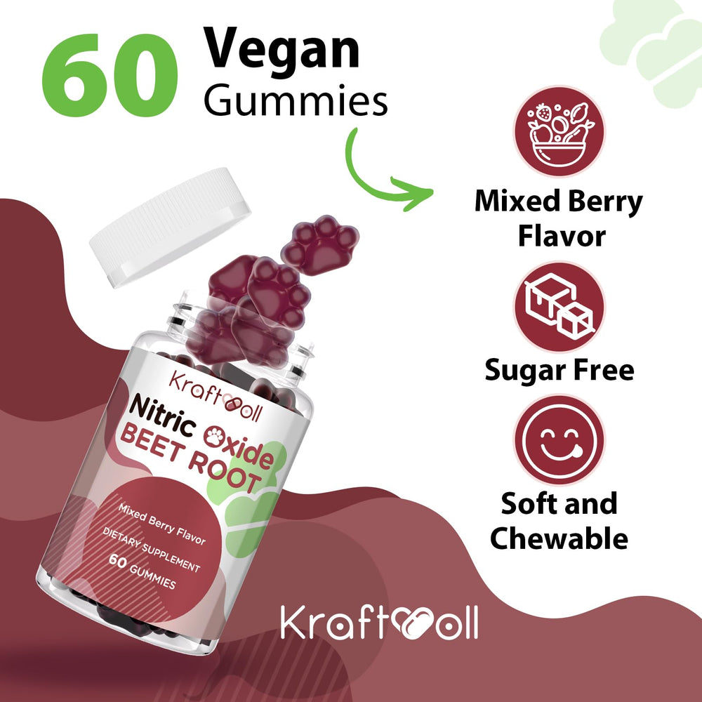 Kraftvoll Nitric Oxide Beet Root Gummies opened bottle ready for on-the-go daily use.