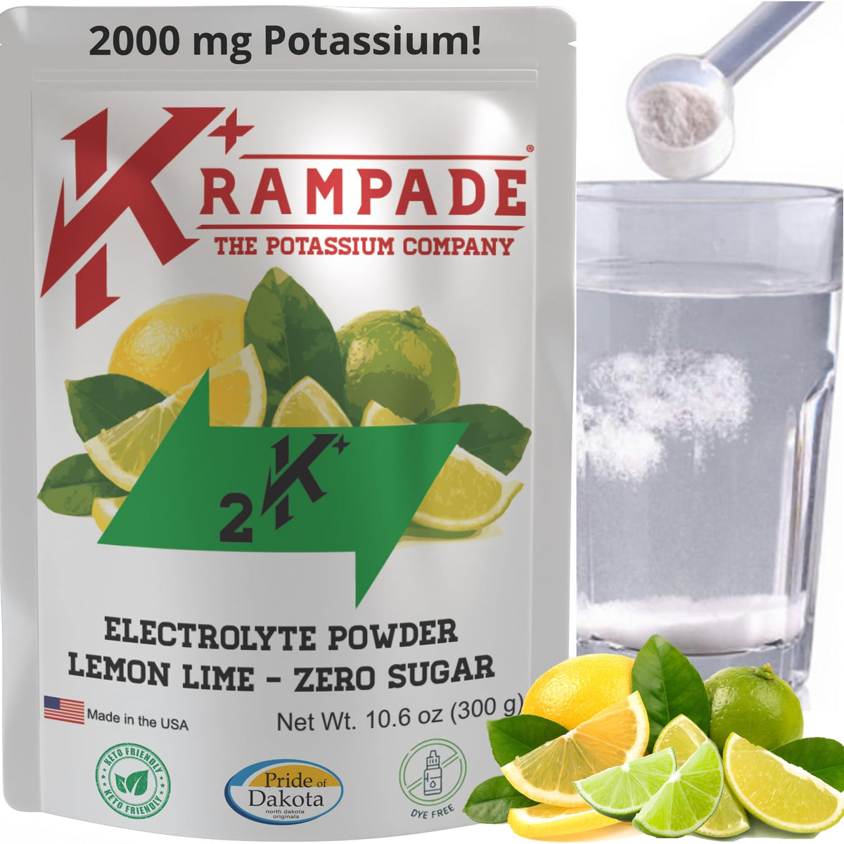 Krampade electrolytes powder tub closeup highlighting hydration support and cramp relief potential.
