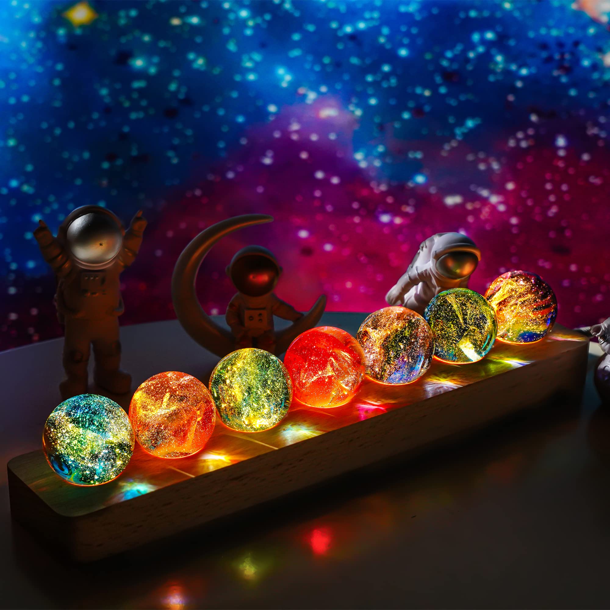 KRISININE LED wooden base illuminates seven chakra spheres for meditation ambiance