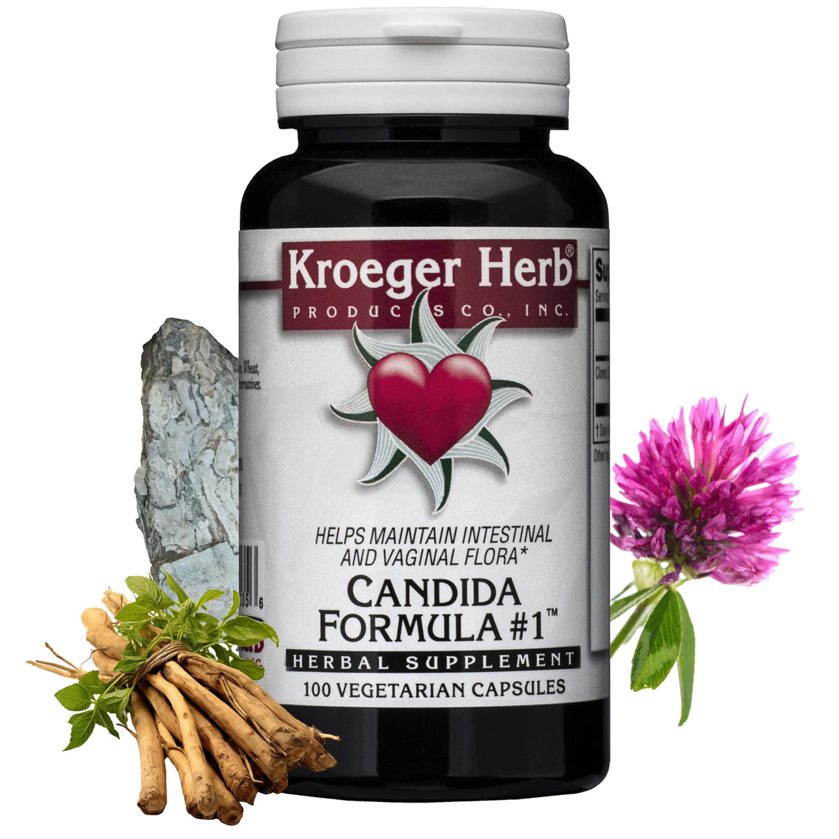 Kroeger Herb Candida Formula 1 bottle with label promotes gut balance.