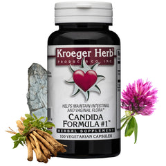 Kroeger Herb Candida Formula 1 bottle with label promotes gut balance.