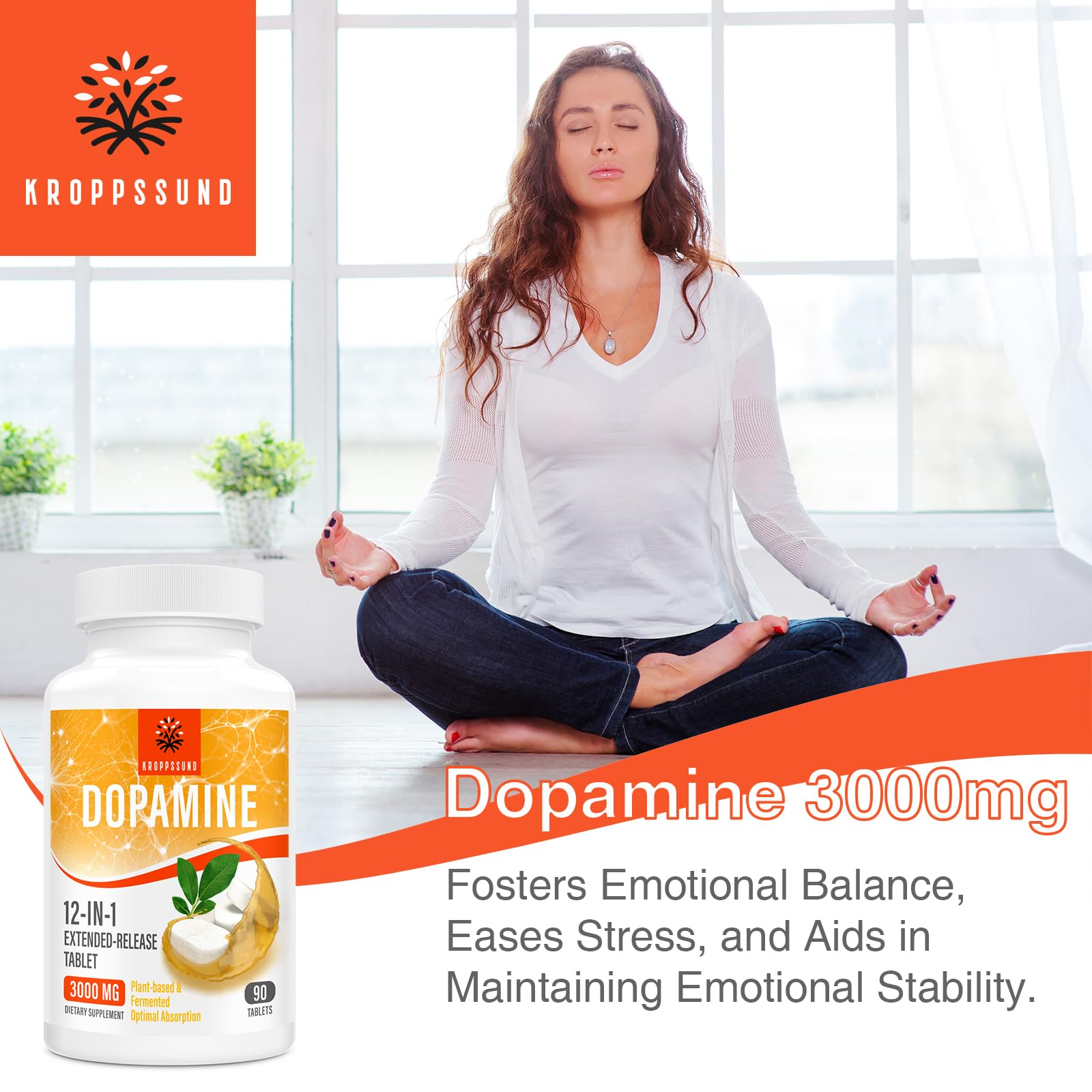 Kroppssund Natural Dopamine bottle on desk in everyday routine