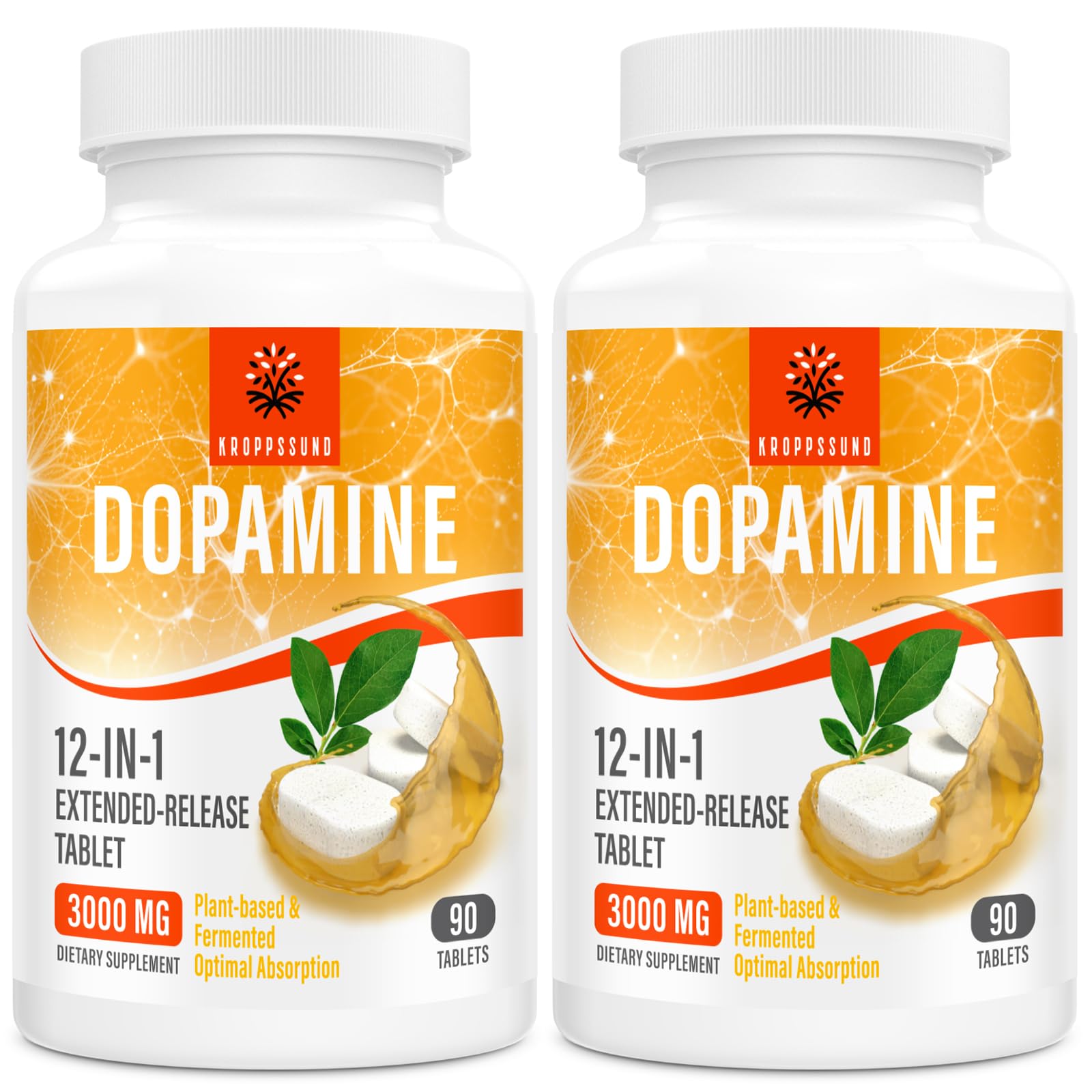 Kroppssund natural dopamine supplement: two bottles for easy daily use.