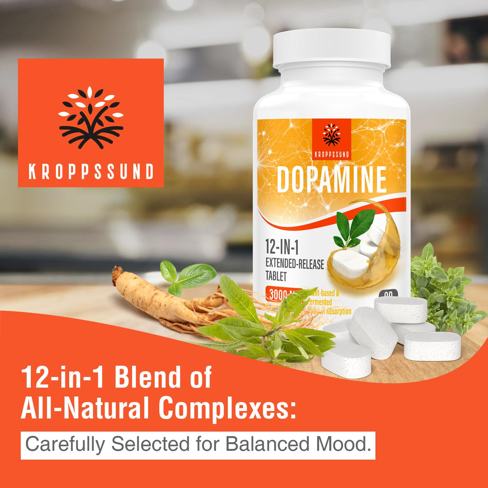 Kroppssund Natural Dopamine tablets close-up highlighting extended-release design