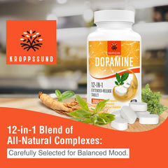 Kroppssund Natural Dopamine tablets close-up highlighting extended-release design
