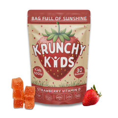 Krunchy Kids bottle-front showing 500 IU D3 gummies for bone support and immunity.