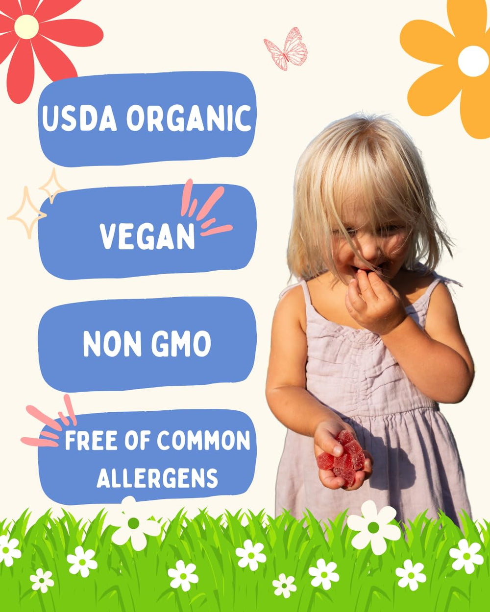 Krunchy Kids non-GMO and natural colorants appear in bright packaging.