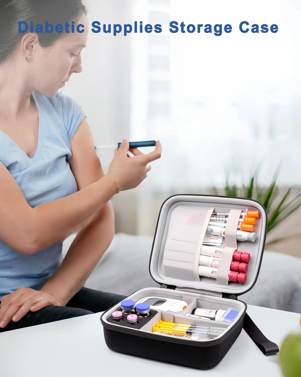 Krypthos travel case stores glucose meter and test strips for travel